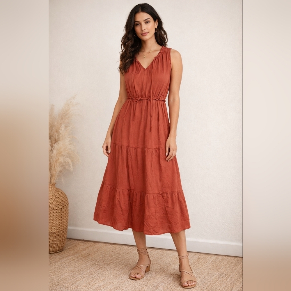 Burnt Orange Fall Chic Sleeveless Tiered Midi Dress